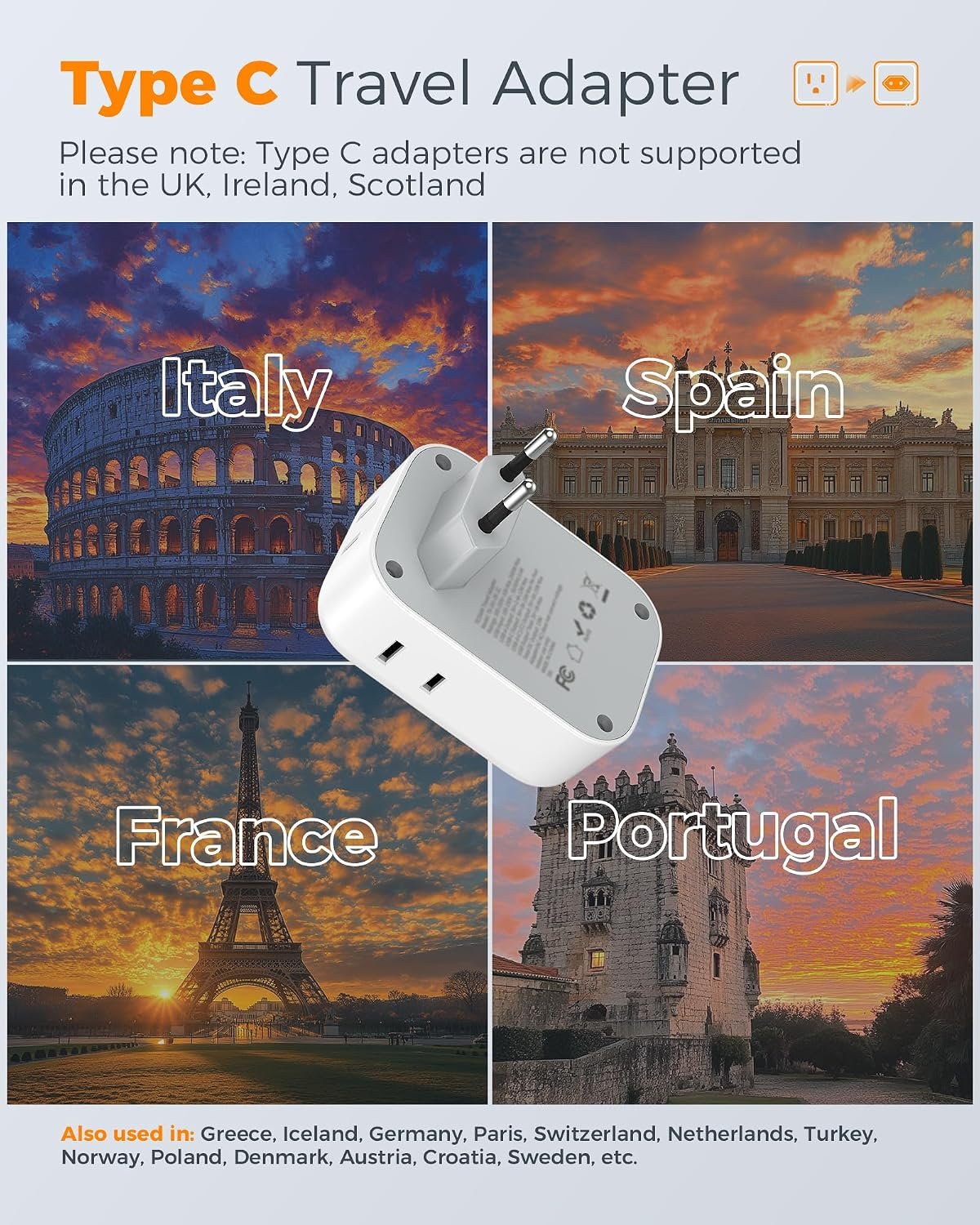 TESSAN European Travel Plug Adapter 2 Pack, Type C Plug - Image 2