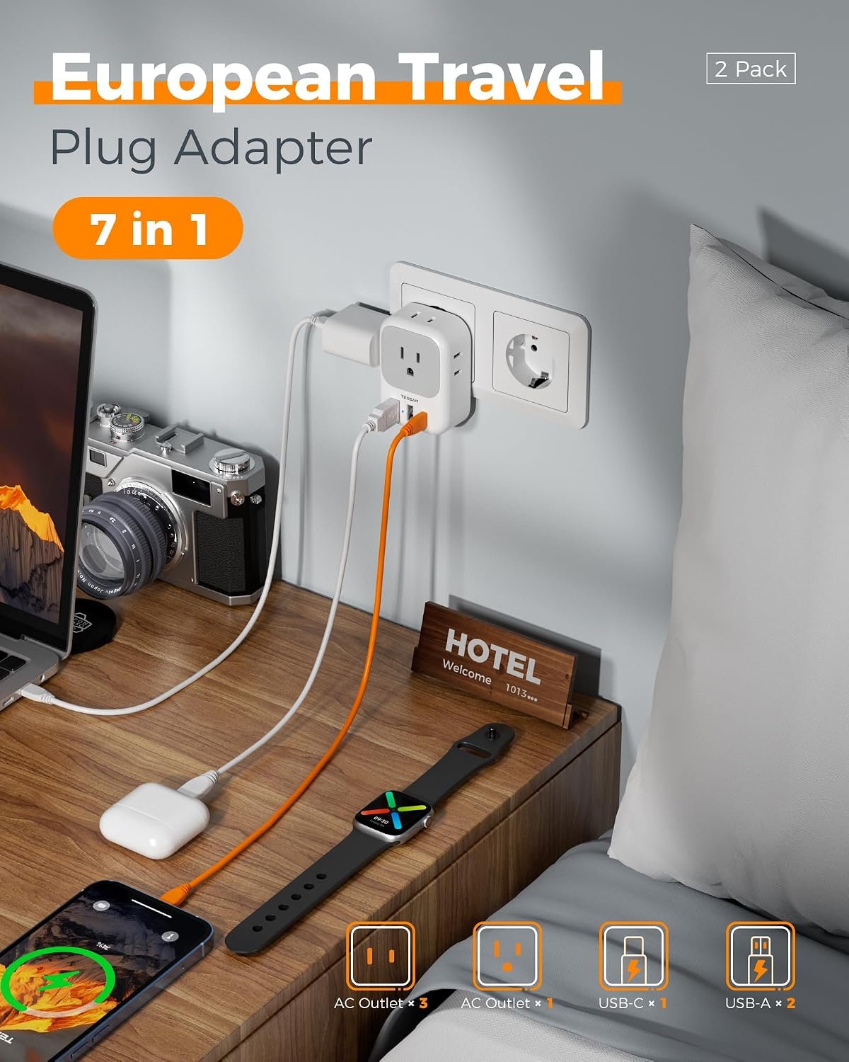 TESSAN European Travel Plug Adapter 2 Pack, Type C Plug - Image 3