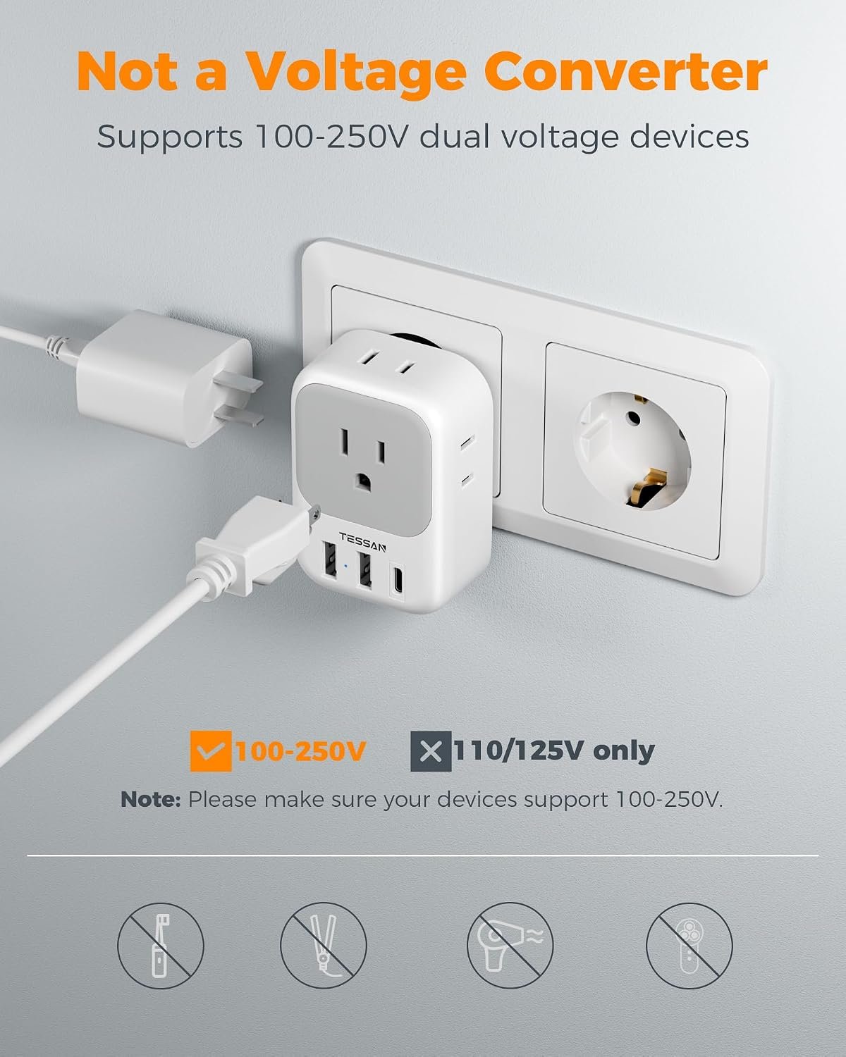 TESSAN European Travel Plug Adapter 2 Pack, Type C Plug - Image 6