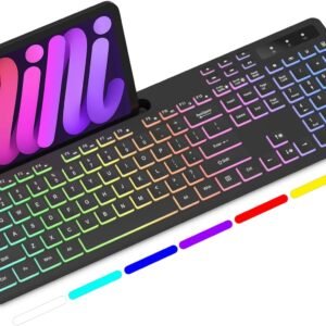 Soueto Wireless Keyboard with RGB Backlit, Phone Holder for Mac/PC, Black
